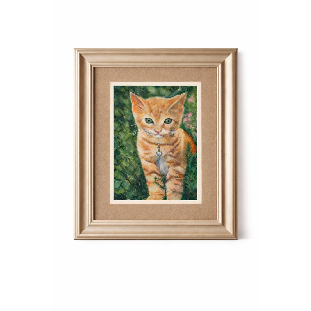 Vtg Framed Ginger Tabby Cat Portrait Orange Kitten Pastel Art 14.5x17.5 1990s